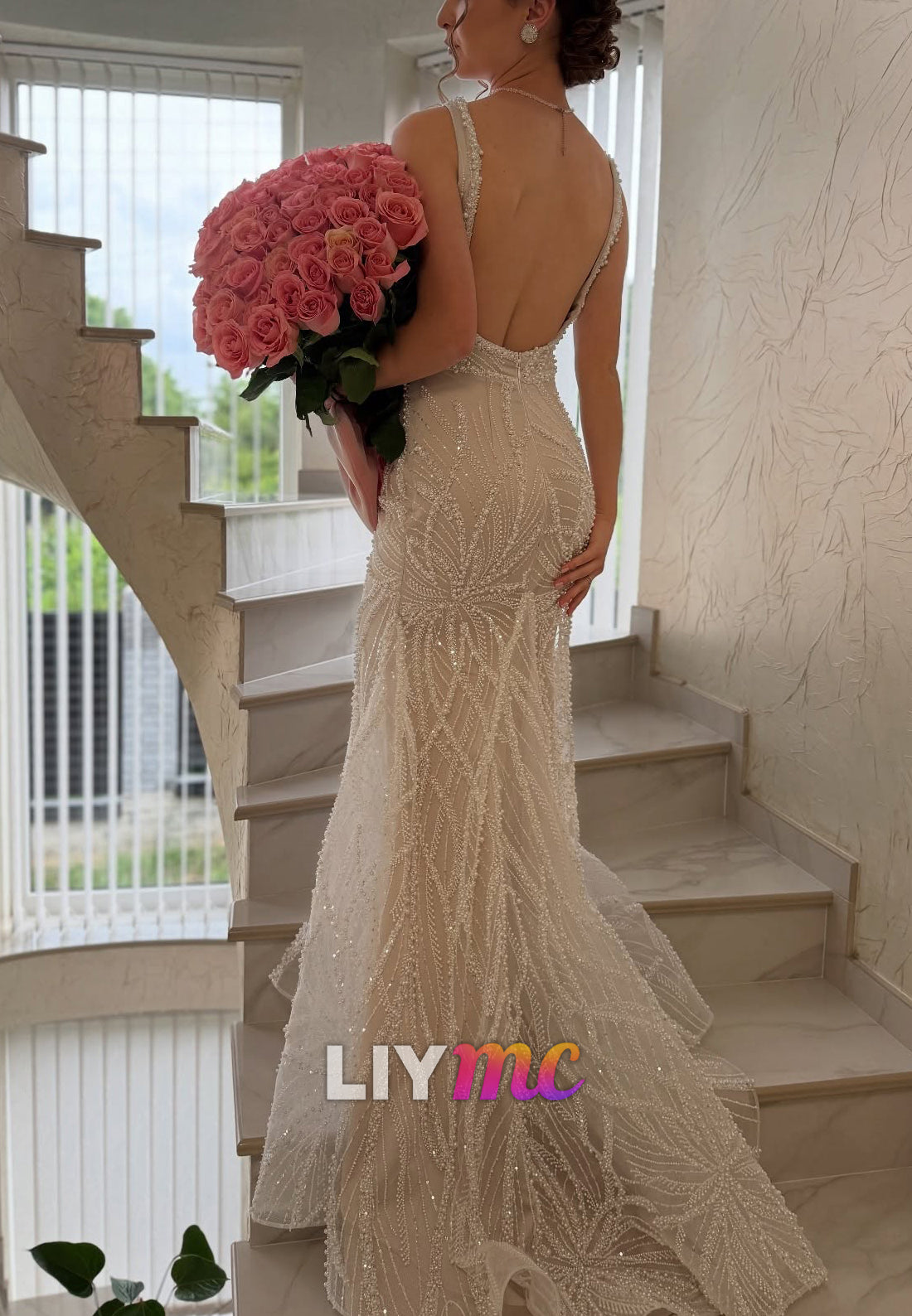 Square Straps Beaded Embroidery Mermaid Sparkly Evening Dress