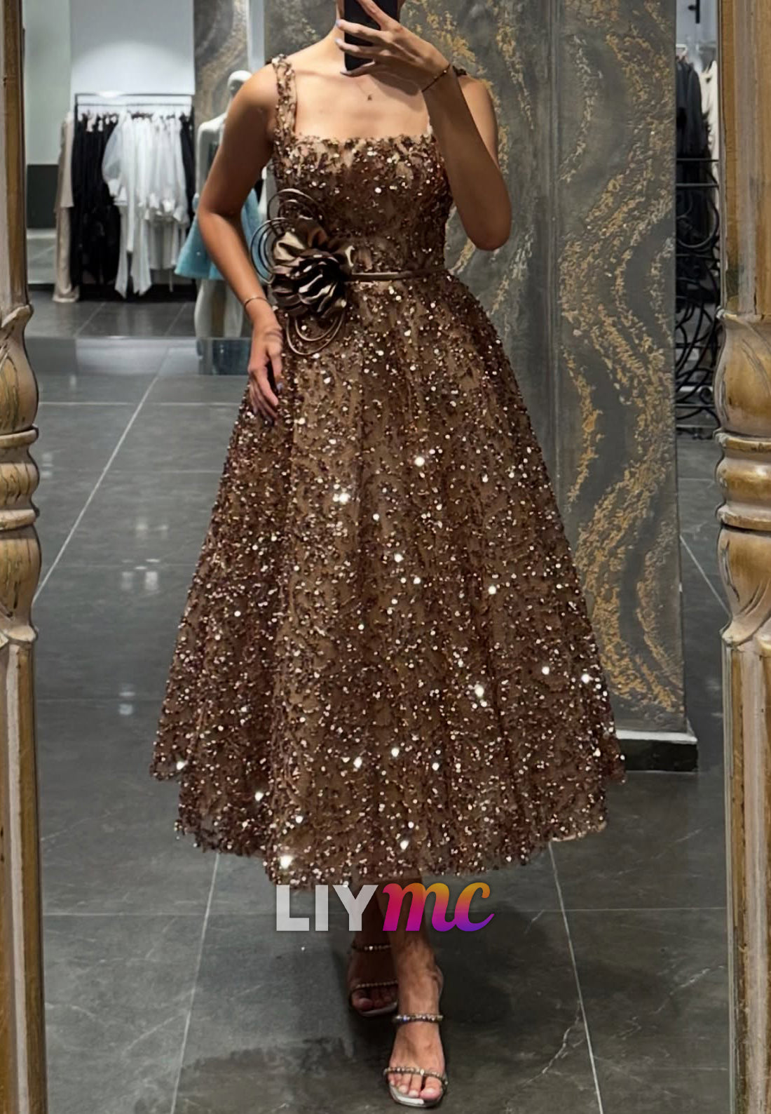 Square Straps Beaded Embroidery Sparkly A-Line Evening Dress