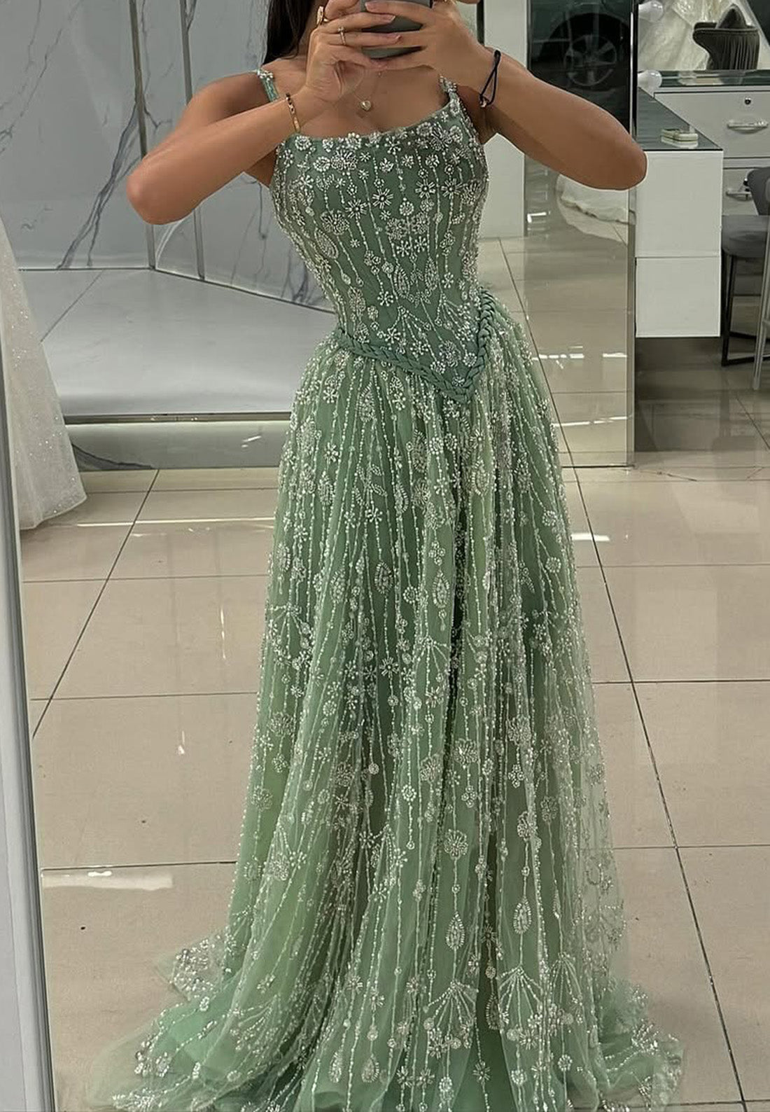 Square Straps Beaded Embroidery Sparkly A-Line Prom Dress