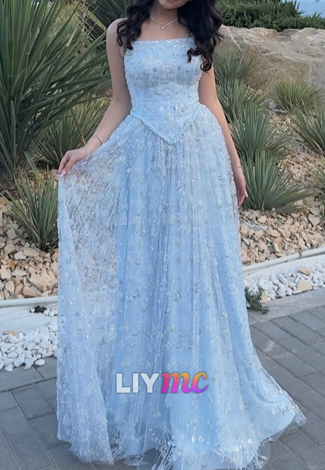 Square Straps Beaded Embroidery Sparkly A-Line Prom Dress