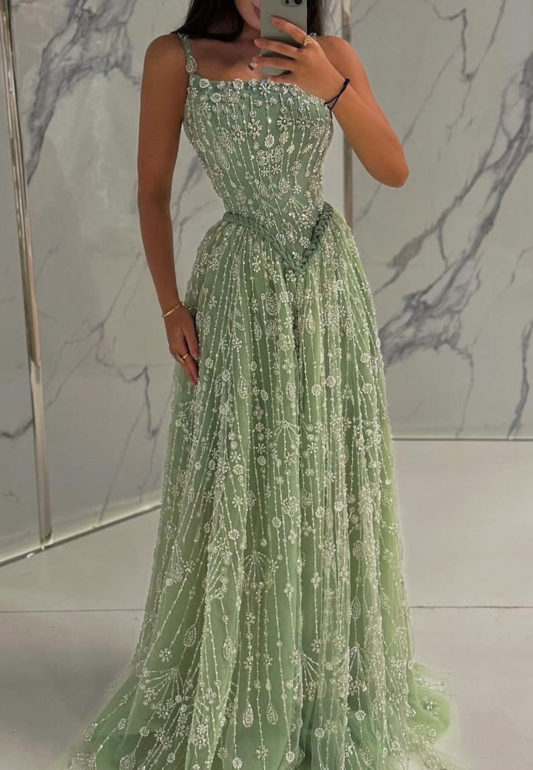 Square Straps Beaded Embroidery Sparkly A-Line Prom Dress