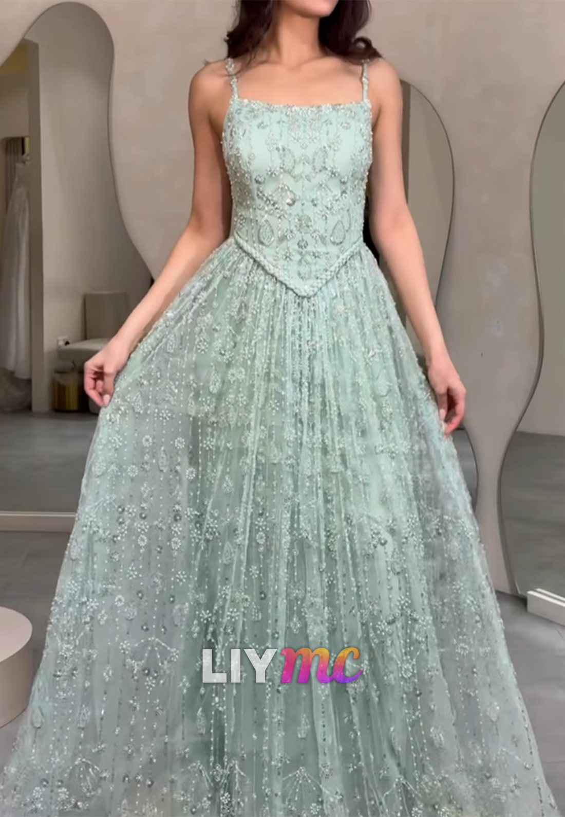 Square Straps Beaded Embroidery Sparkly A-Line Prom Dress