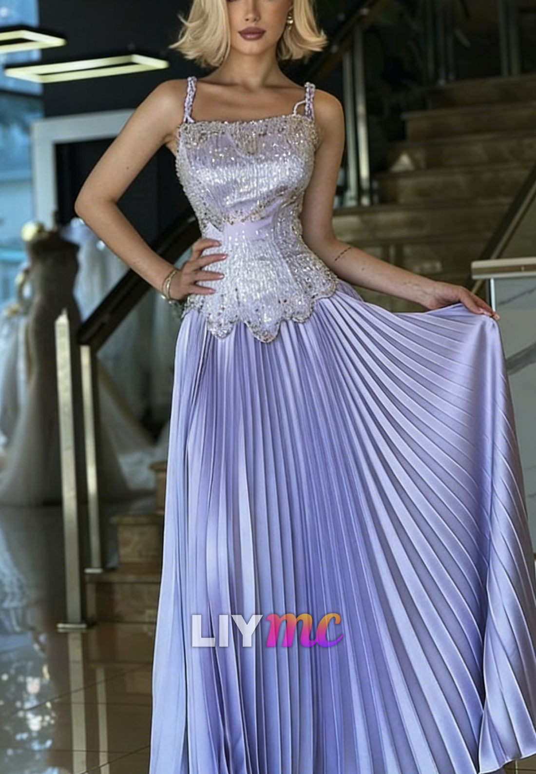 Square Straps Beaded Pleated A-Line Prom Dress
