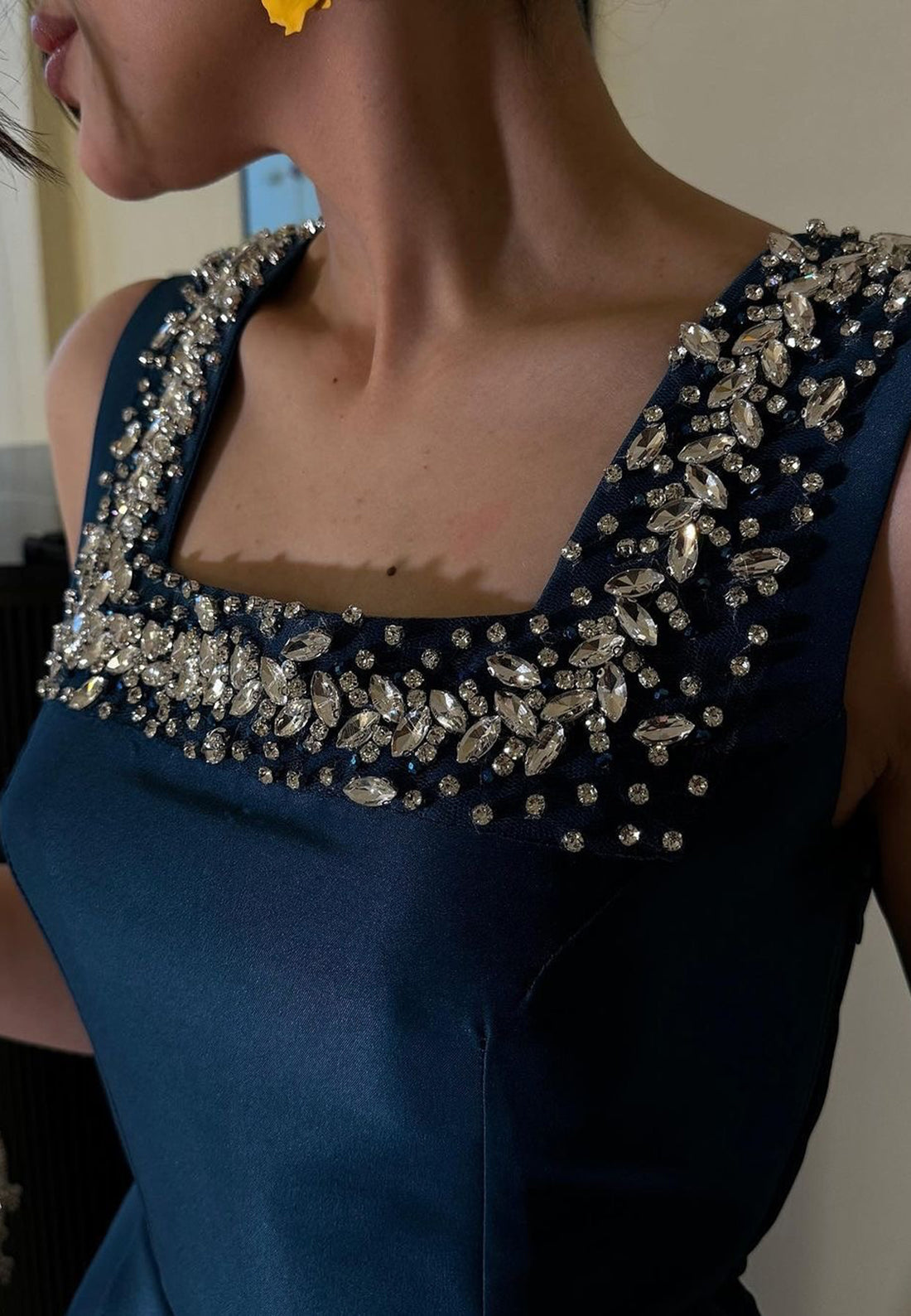 Square Straps Beaded Pleated Satin A-Line Formal Dresss