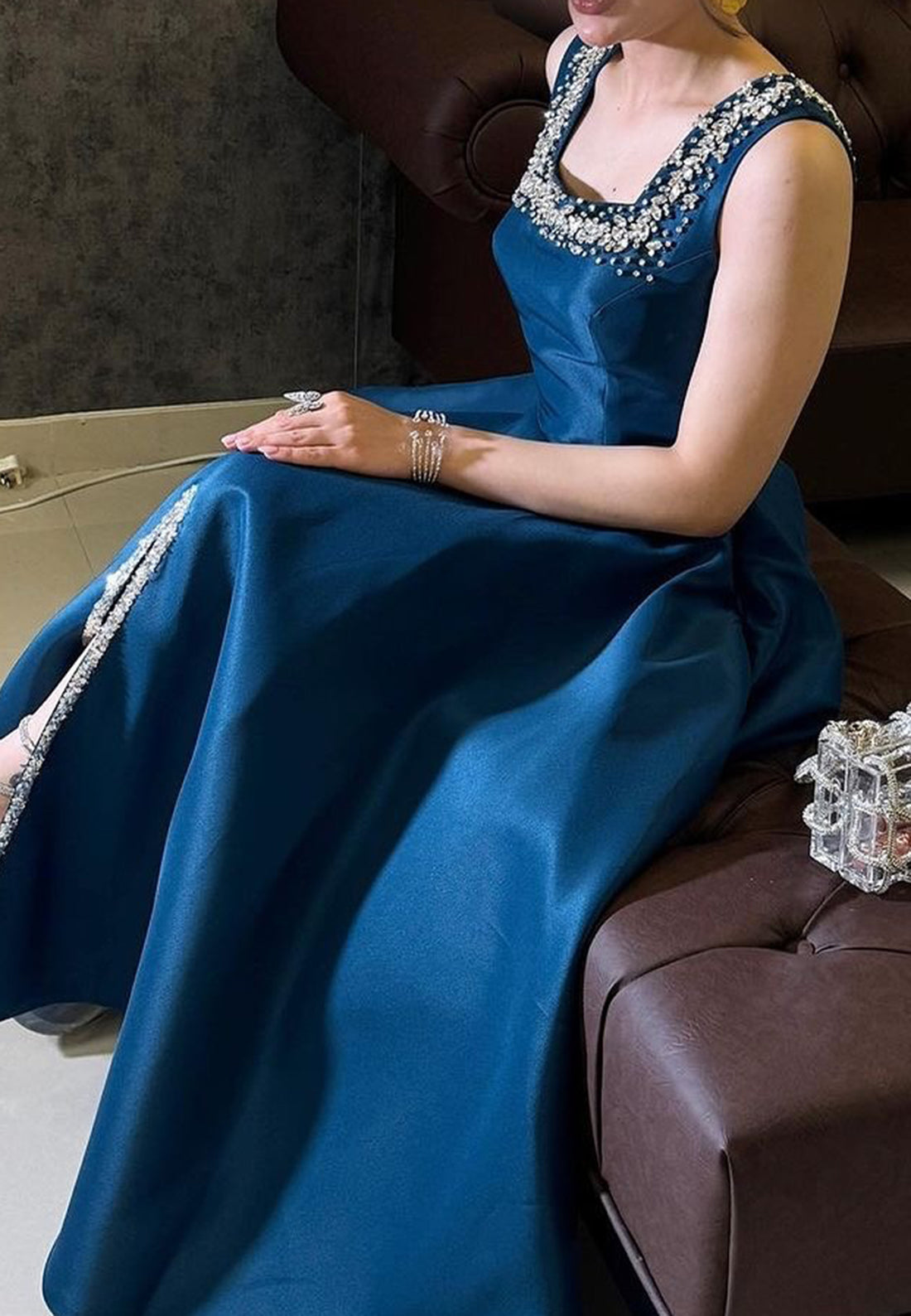 Square Straps Beaded Pleated Satin A-Line Formal Dresss