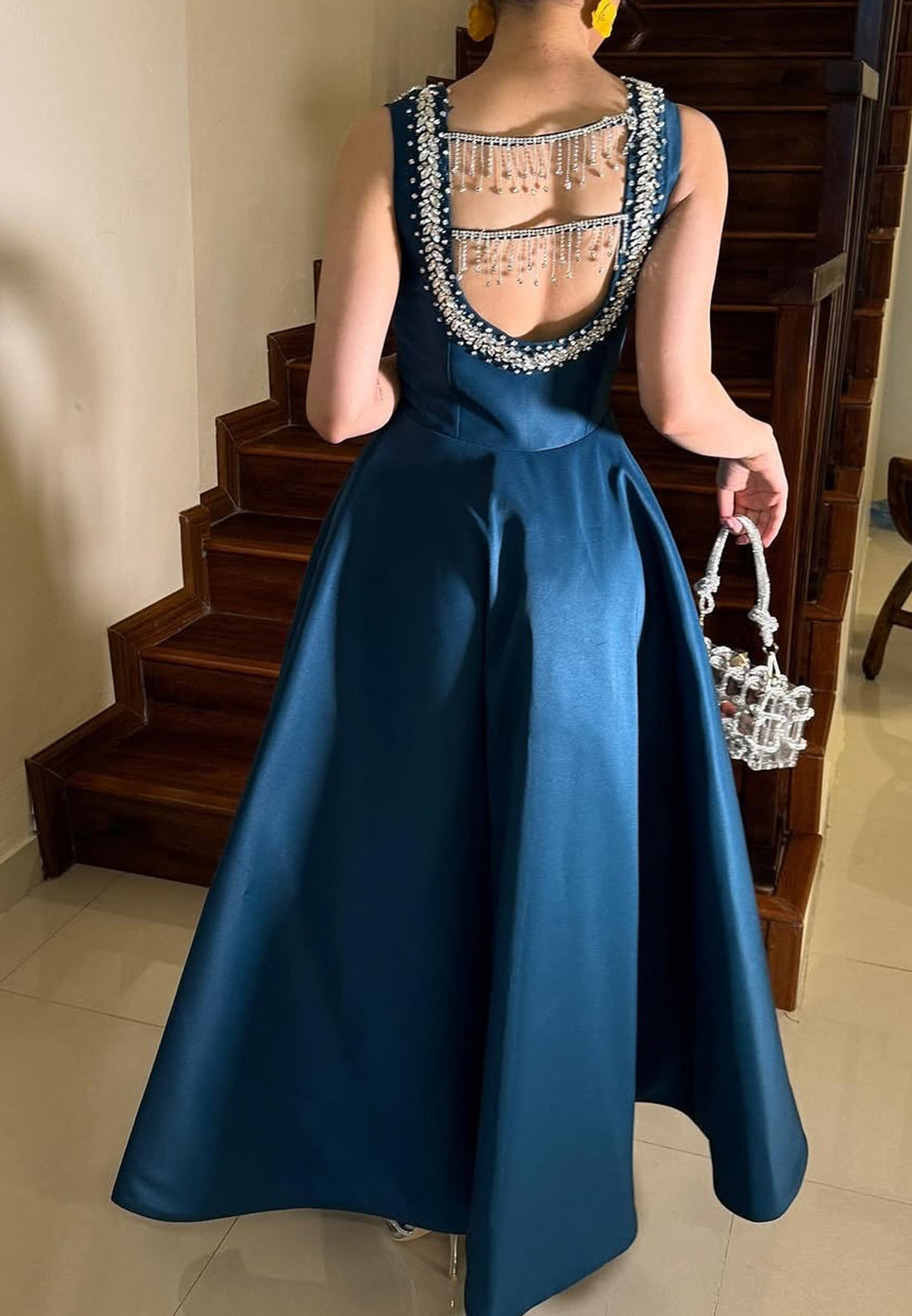 Square Straps Beaded Pleated Satin A-Line Formal Dresss