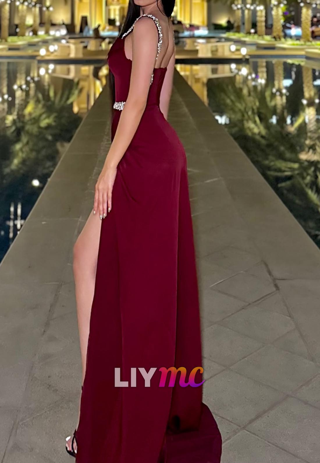 Square Straps Beaded Ruched Sheath Evening Dress