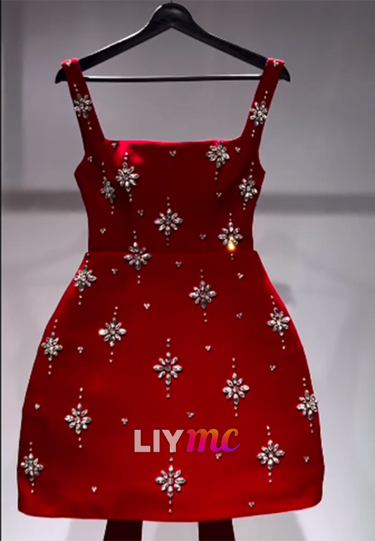 Square Straps Beaded Short A-Line Party Dress