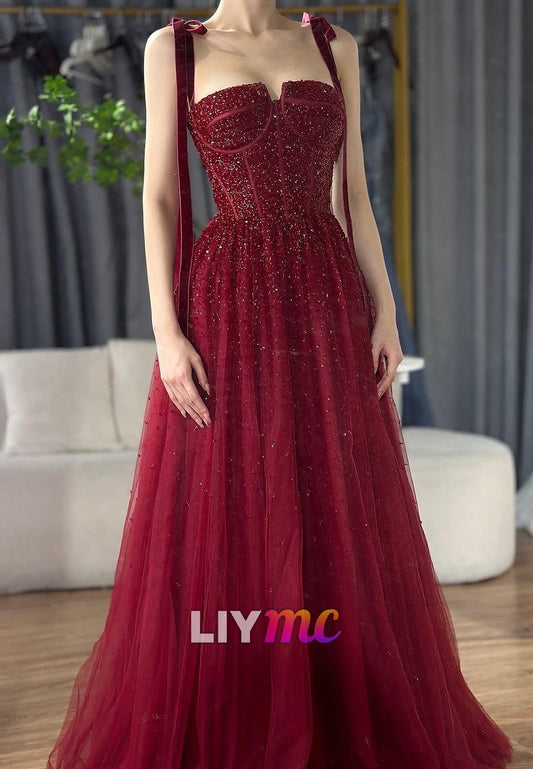 Square Straps Beaded Tulle Sparkly Prom Dress