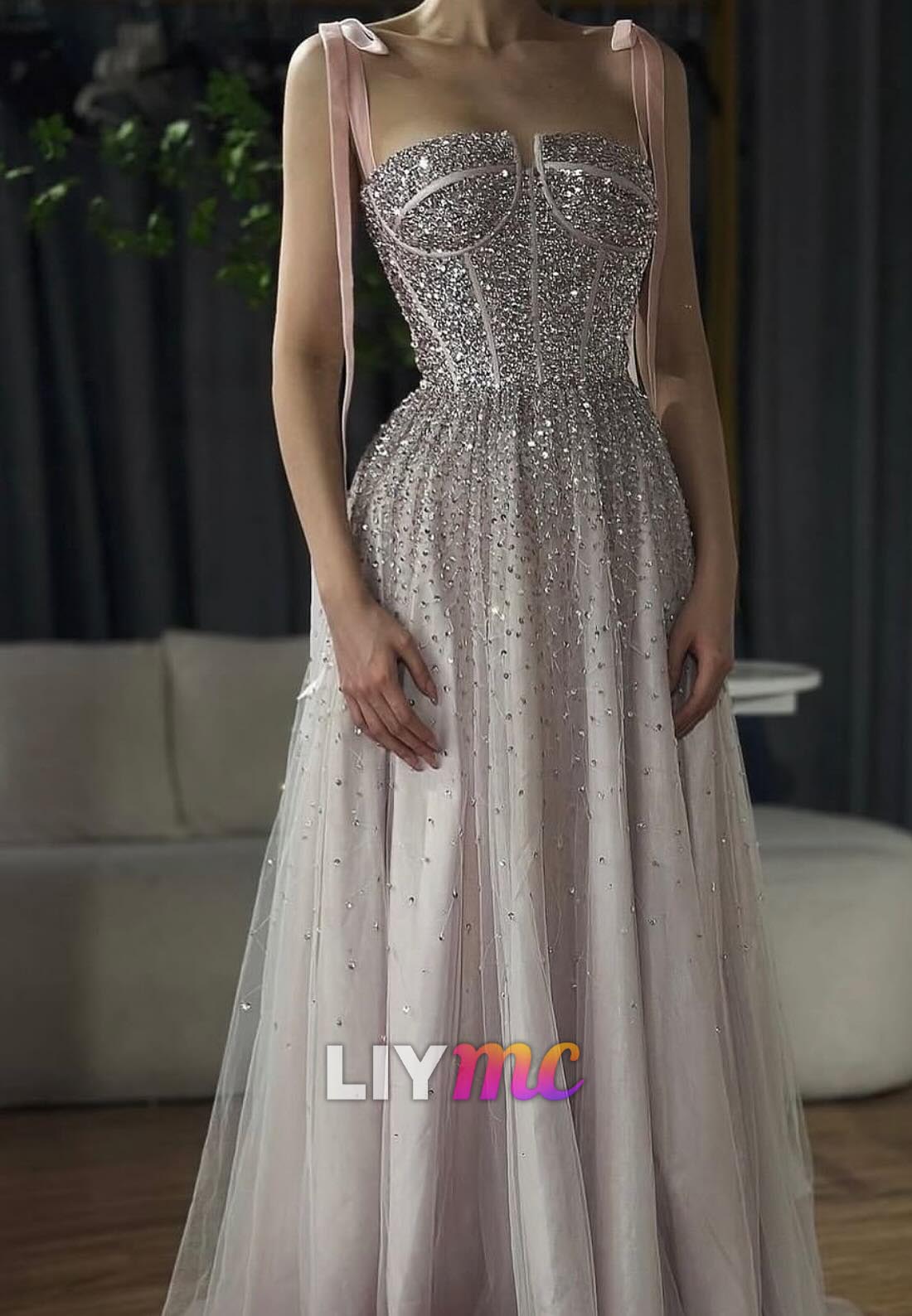 Square Straps Beaded Tulle Sparkly Prom Dress