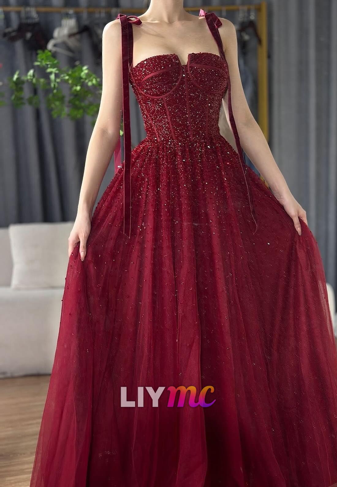 Square Straps Beaded Tulle Sparkly Prom Dress