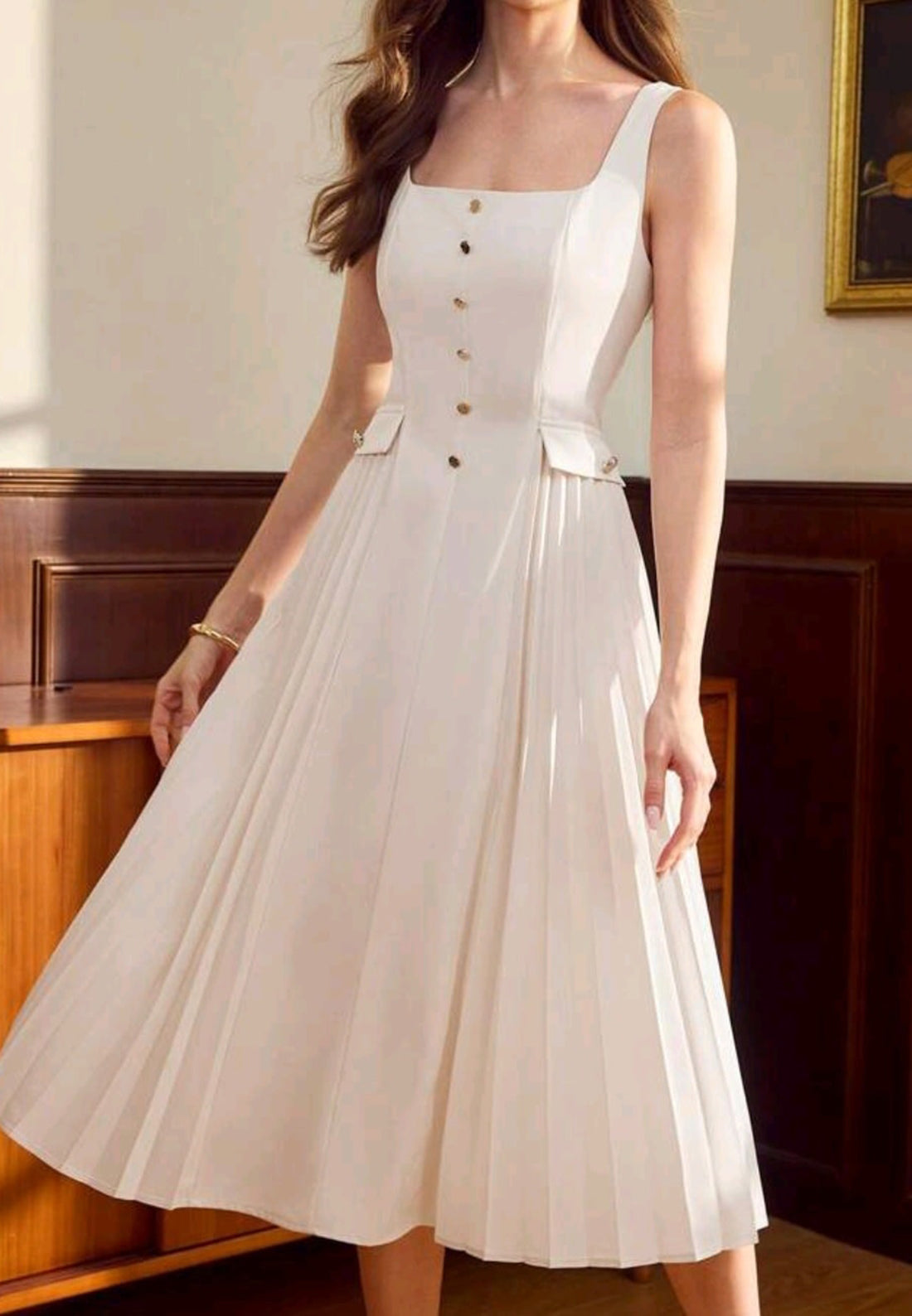Square Straps Button Pleated A-Line Work Dress