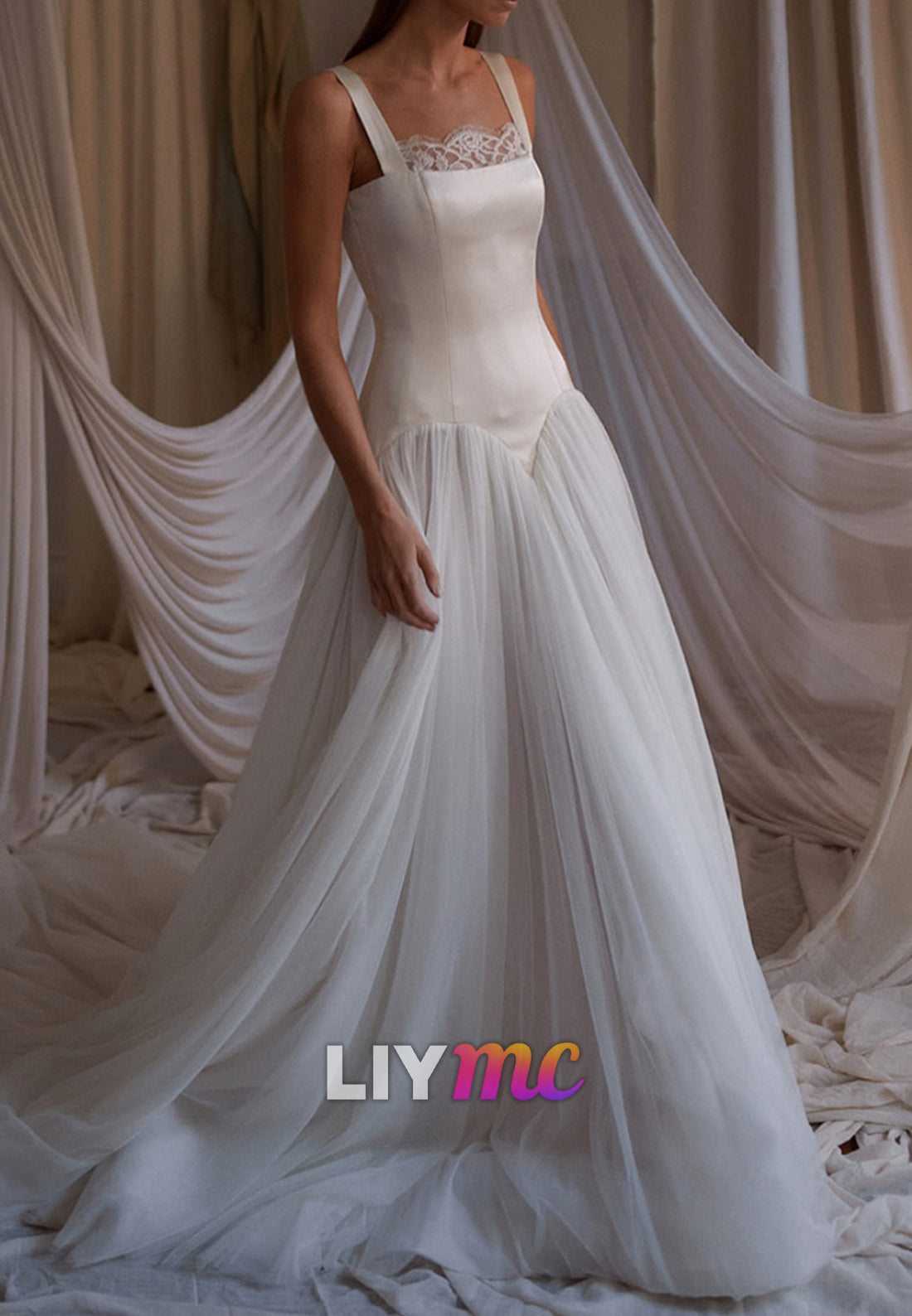 Square Straps Corset Tulle Ball Gown Wedding Dress