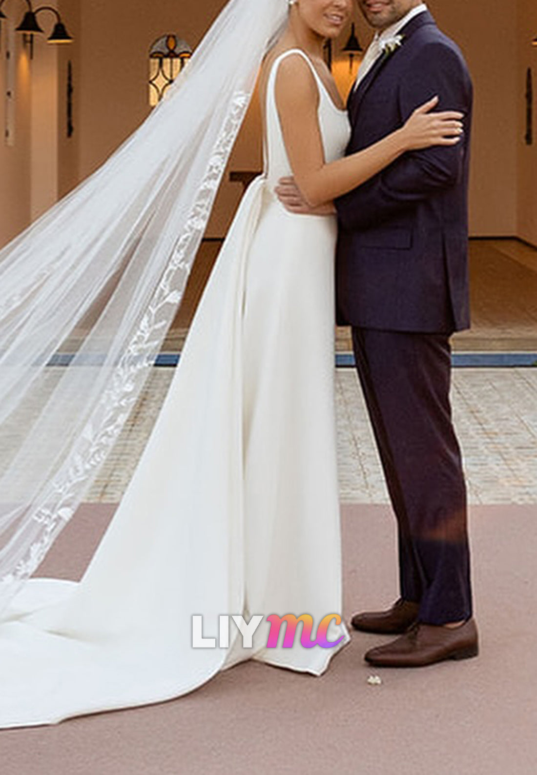 Square Straps Empire Waist Sleek Sheath Simple Wedding Dress