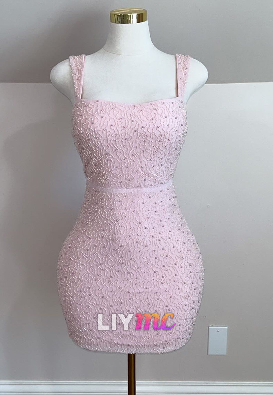 Square Straps Fitted Sheath Beaded Embroidery Party Homecoming Dress