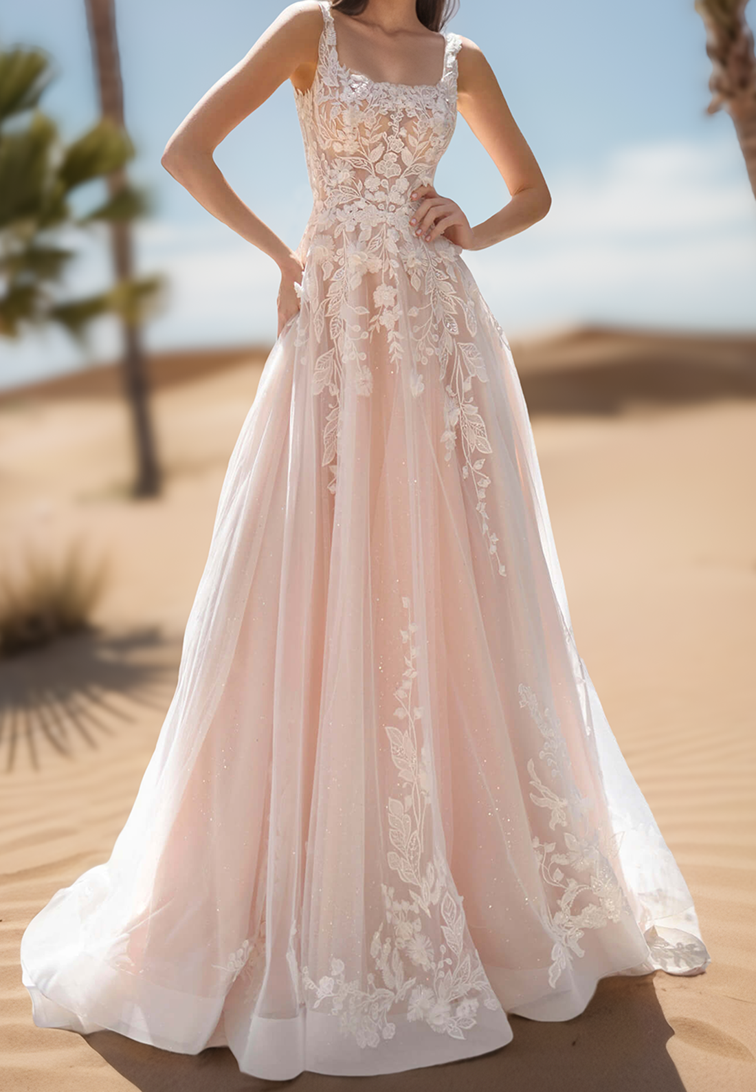 Square Straps Floral Appliques A-Line Wedding Dress