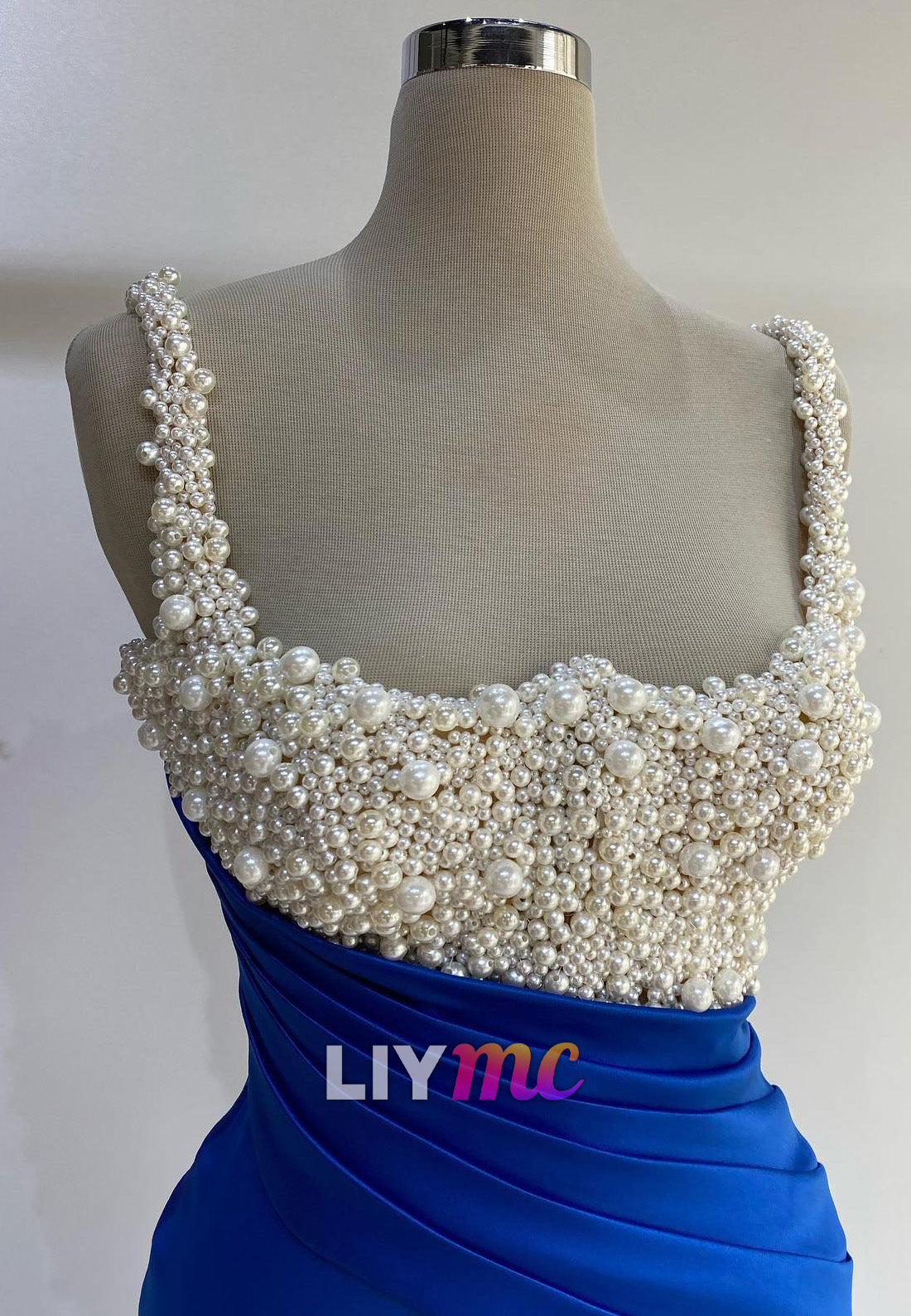 Square Straps Pearl Pleated Side Slit Sleeveless Sheath Prom Dress