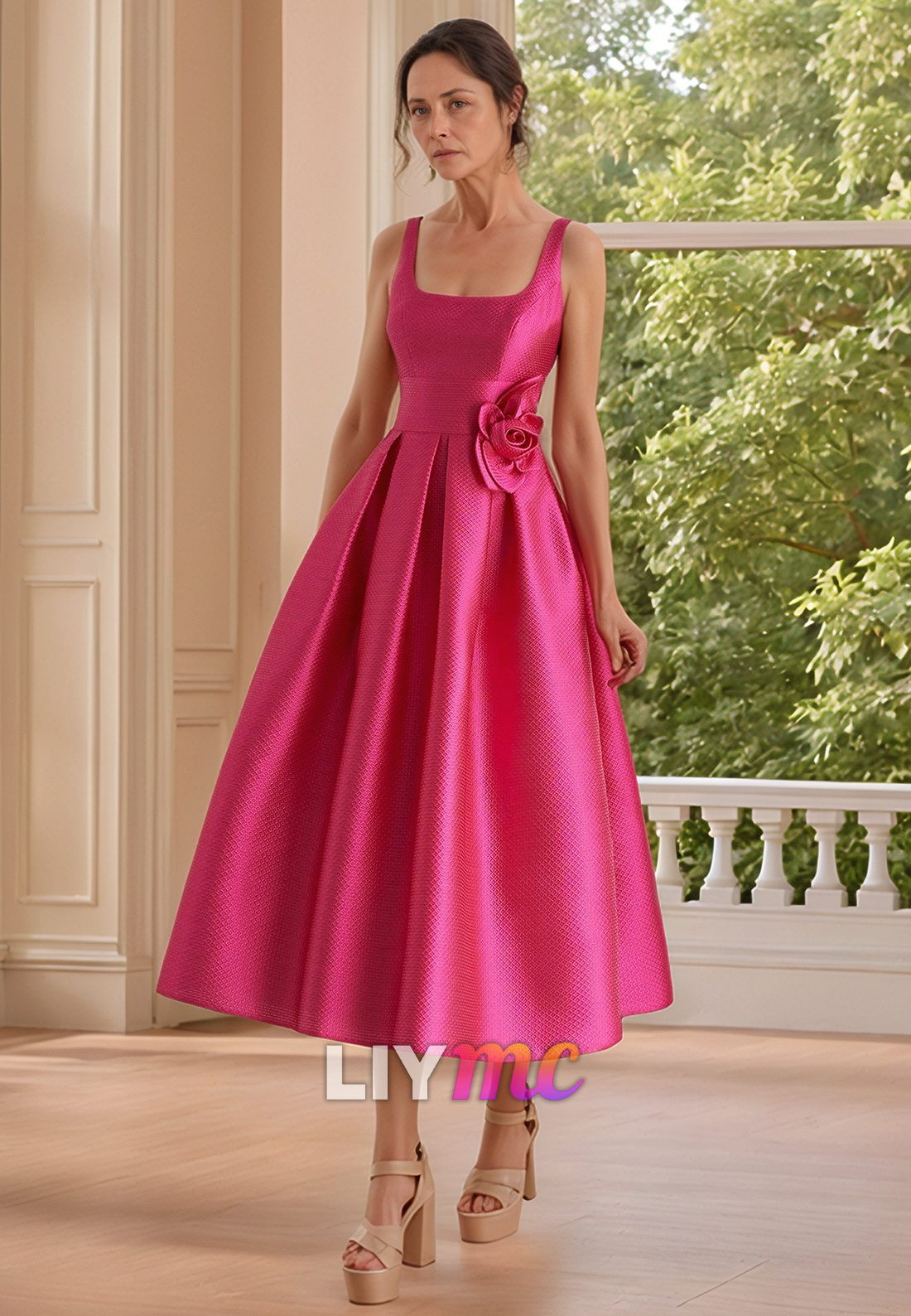 Square Straps Pleated Satin A-Line Mother of Bride Dress Cocktail Dress