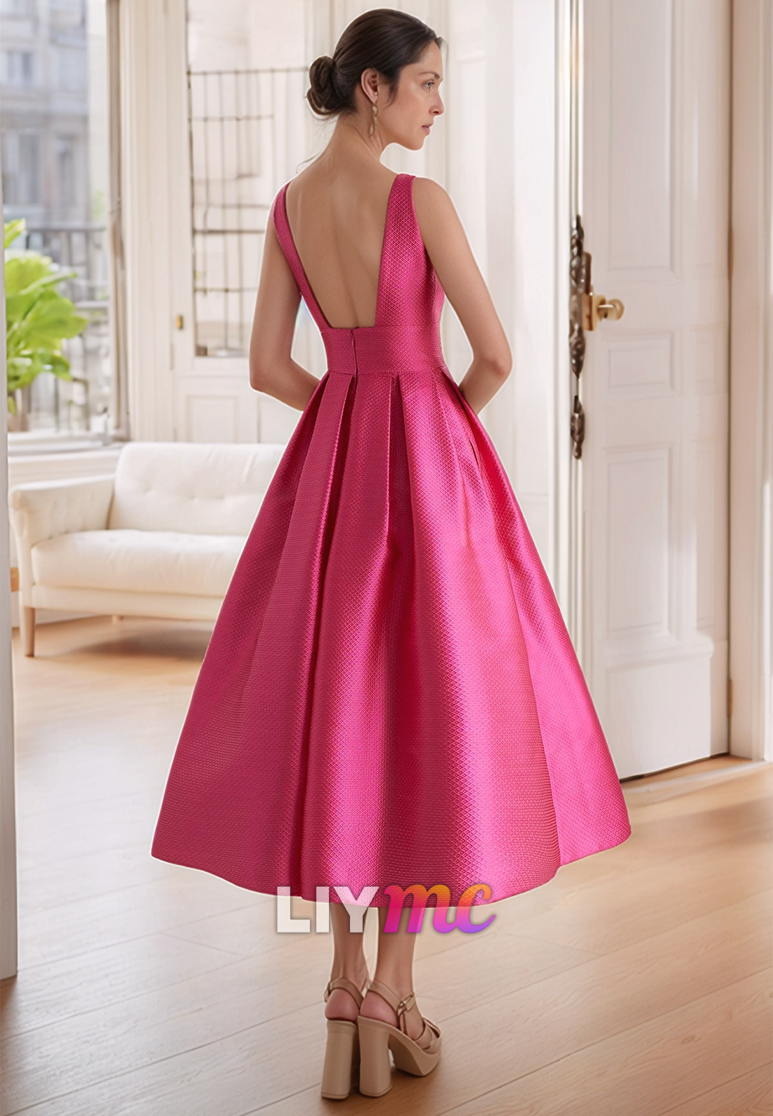 Square Straps Pleated Satin A-Line Mother of Bride Dress Cocktail Dress