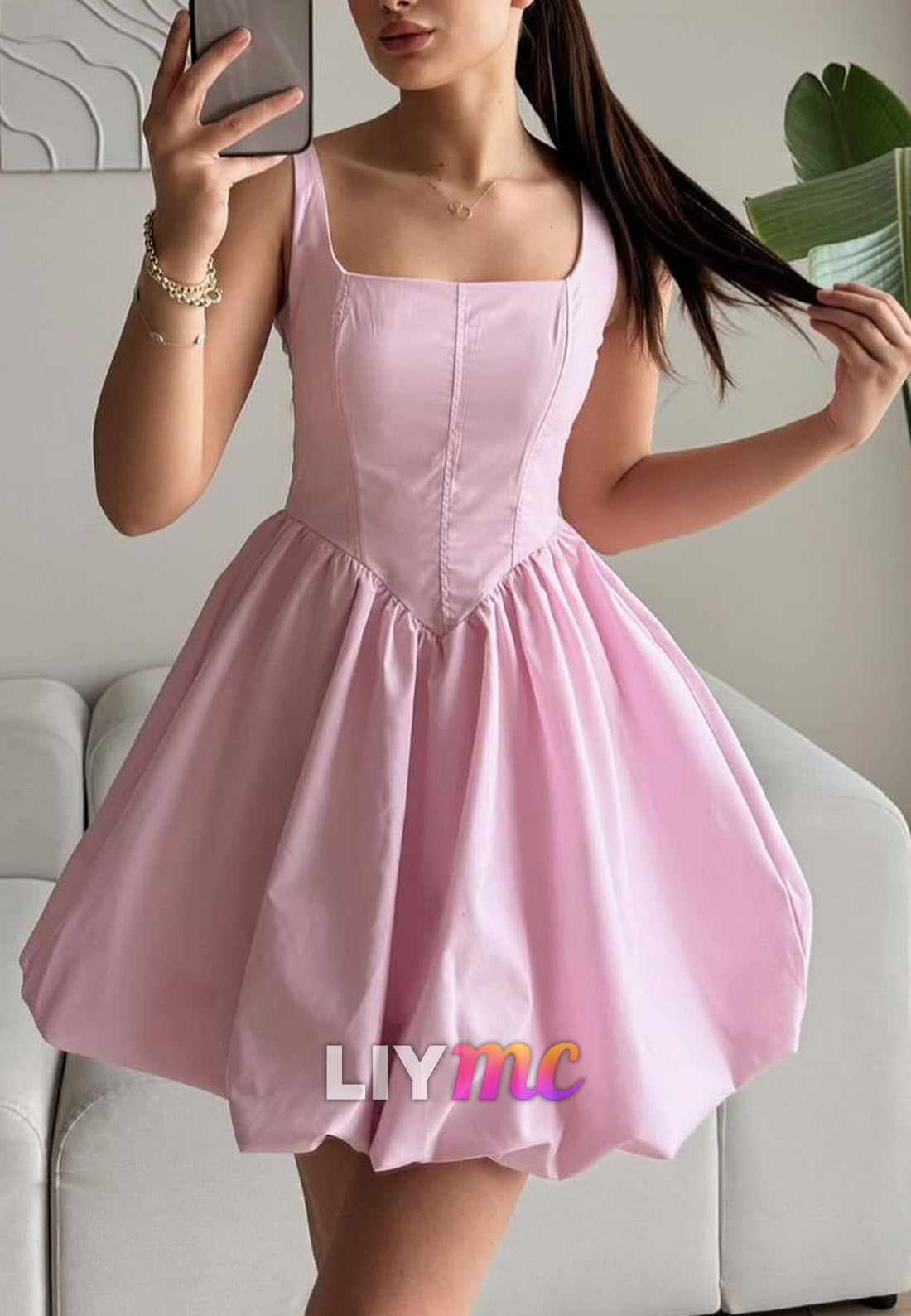 Square Straps Pleated Sleeveless A-Line Party Homecoming Dress