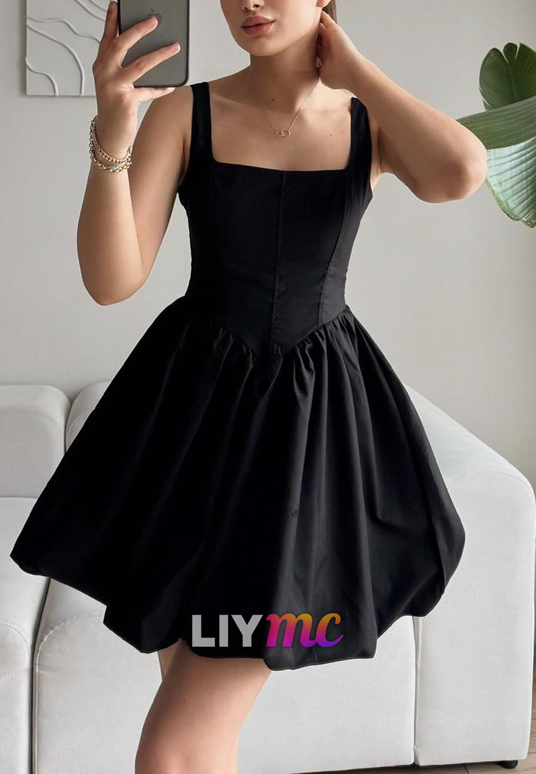 Square Straps Pleated Sleeveless A-Line Party Homecoming Dress