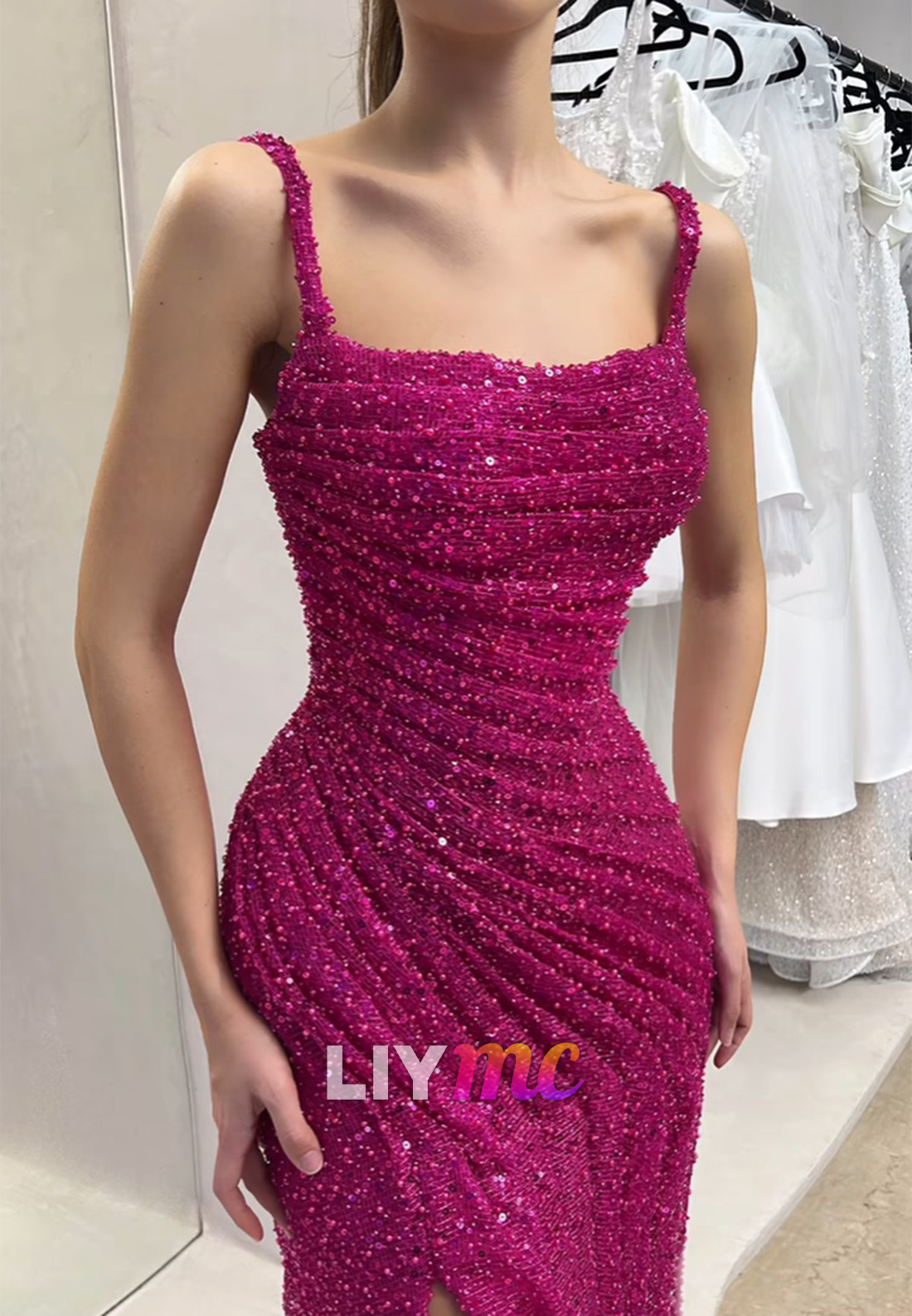 Square Straps Sequins Beaded Embroidery Sheath Prom Dress