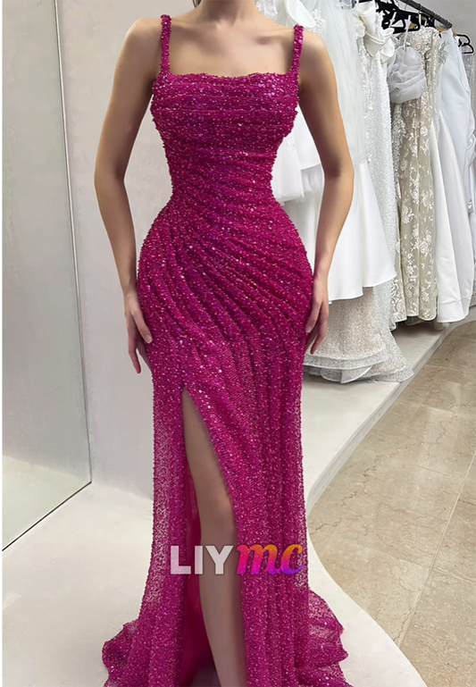 Square Straps Sequins Beaded Embroidery Sheath Prom Dress