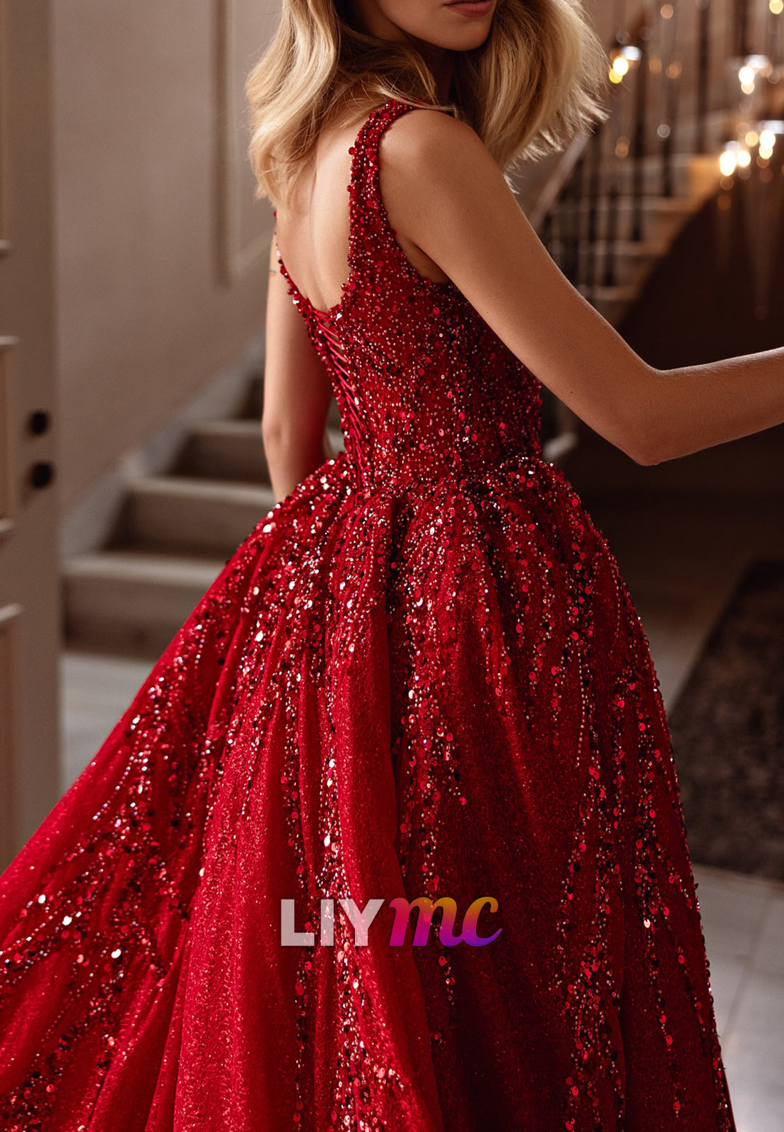 Square Straps Sequins Sparkly A-Line Prom Dress