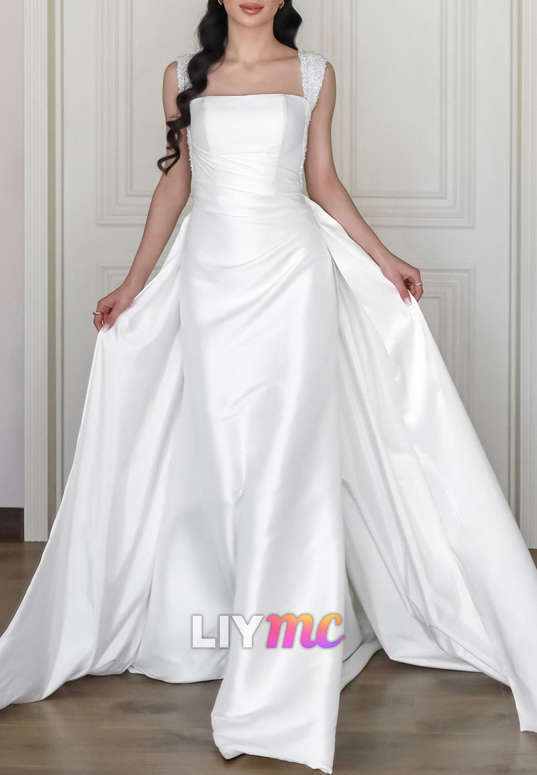Square Straps Sleek Pleated Detachable Train Sheath Wedding Dress