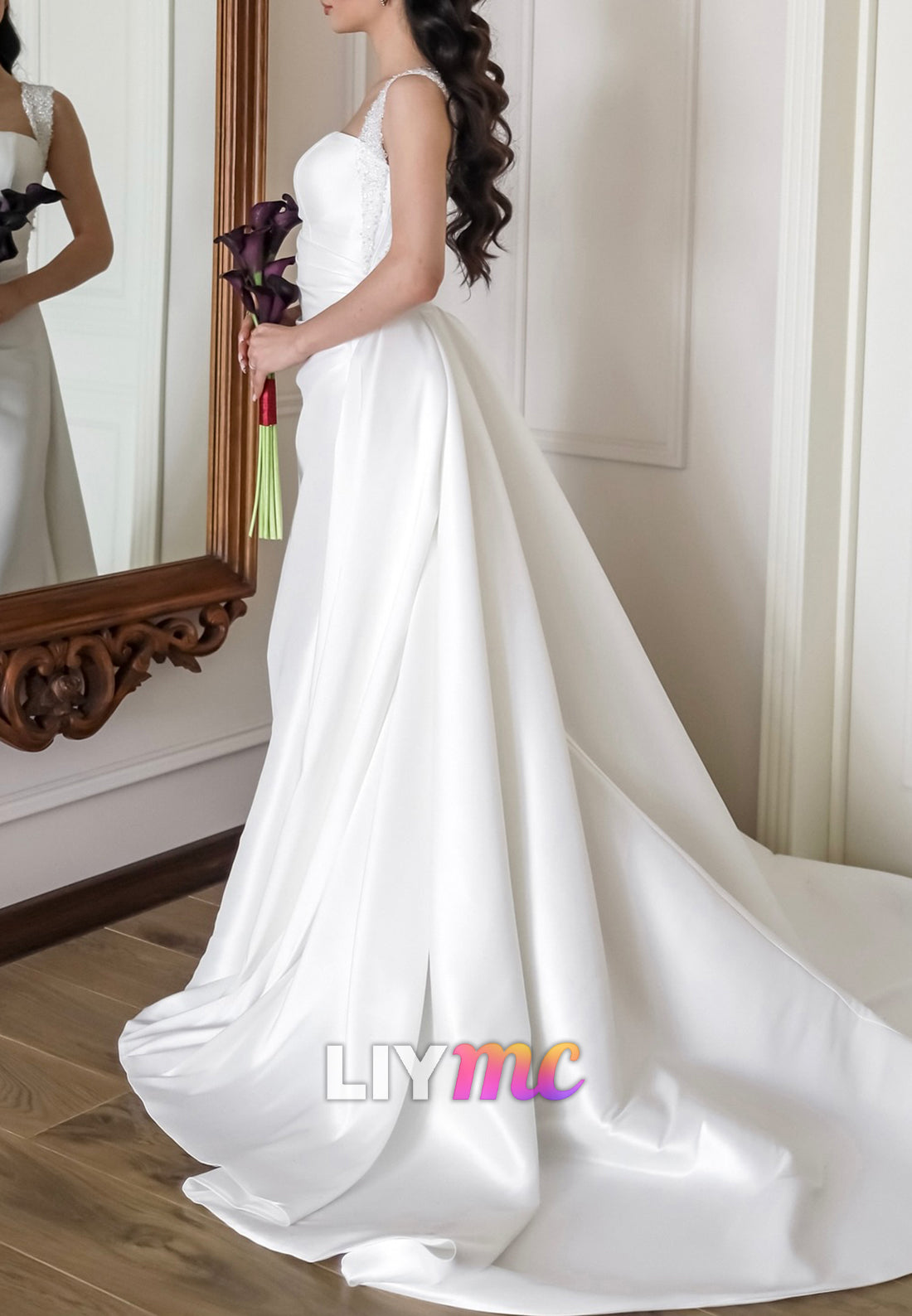 Square Straps Sleek Pleated Detachable Train Sheath Wedding Dress