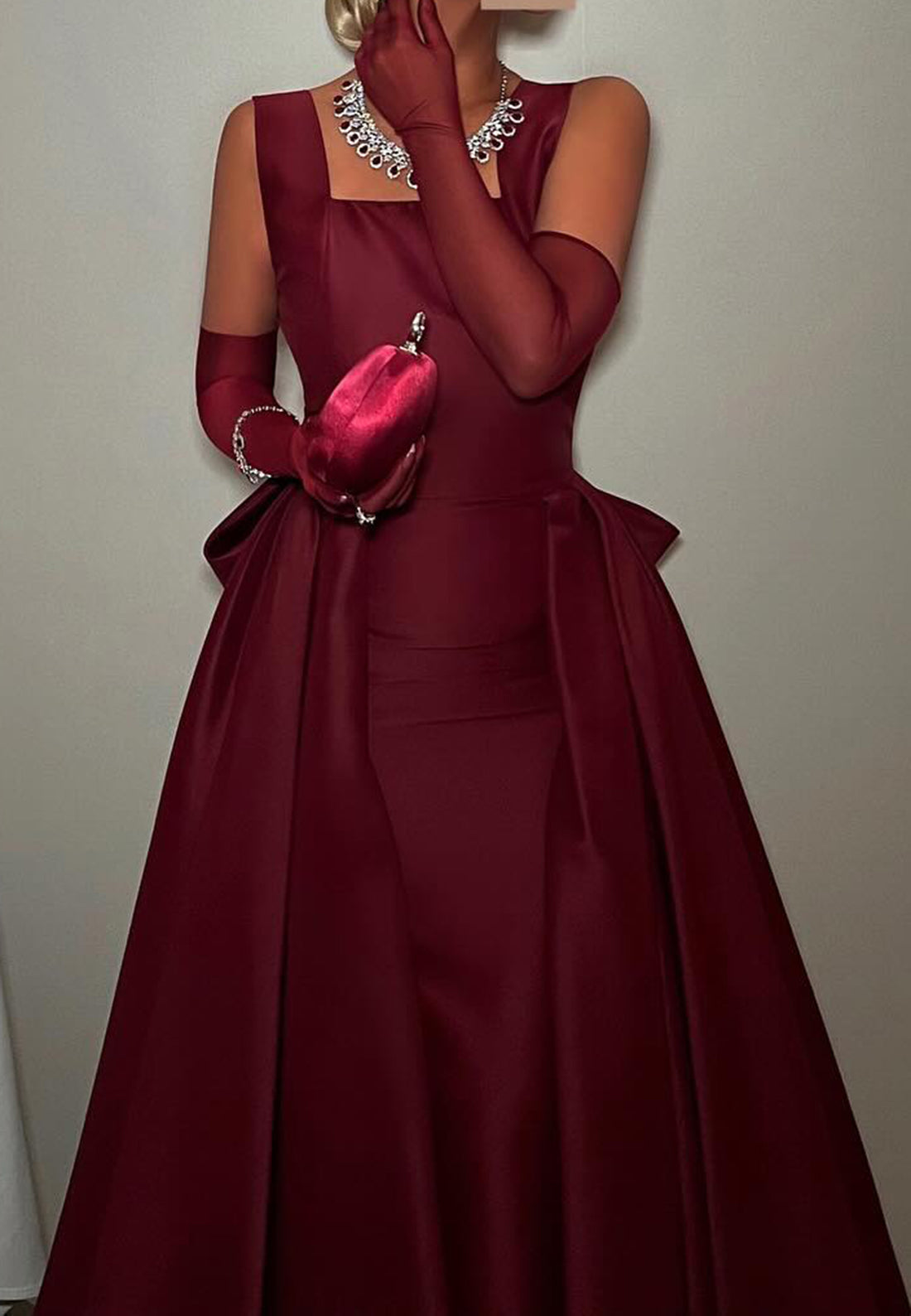 Square Straps Sleeveless Bowknot Satin Seek A-Line Evening Dress