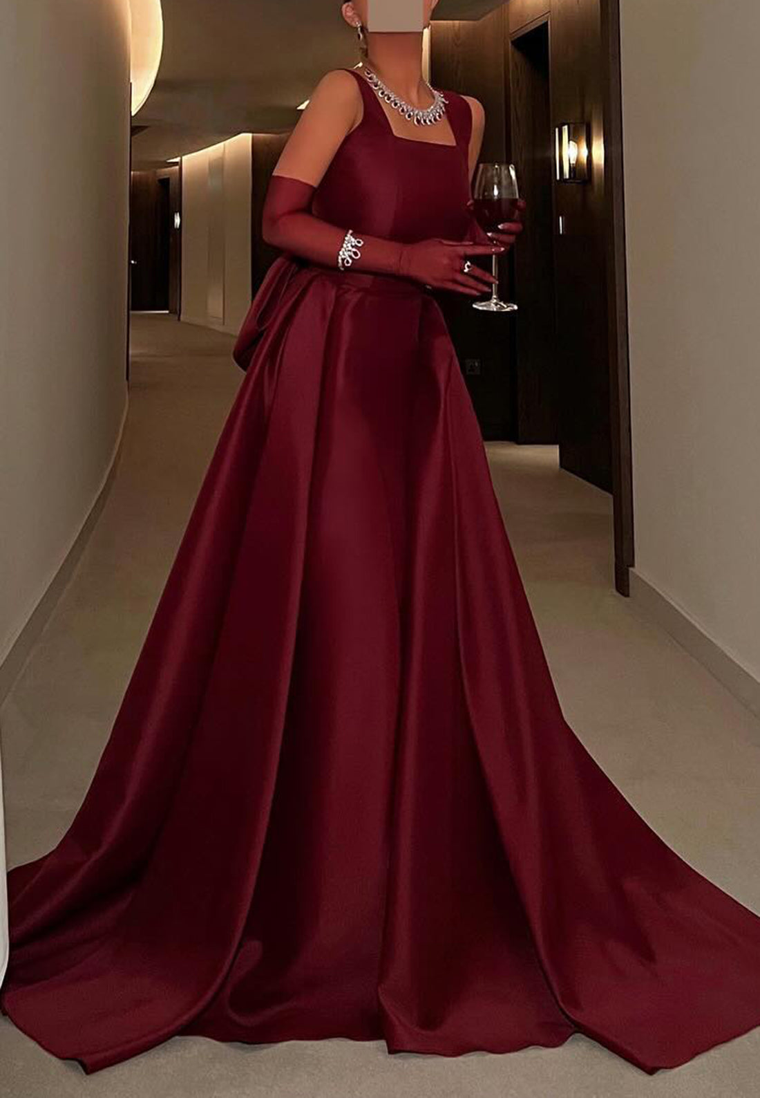 Square Straps Sleeveless Bowknot Satin Seek A-Line Evening Dress