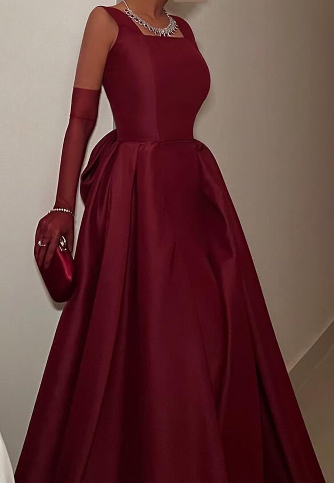 Square Straps Sleeveless Bowknot Satin Seek A-Line Evening Dress
