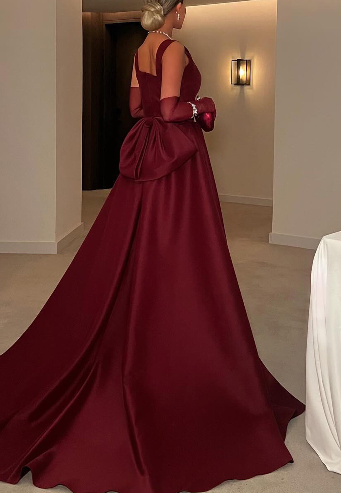 Square Straps Sleeveless Bowknot Satin Seek A-Line Evening Dress