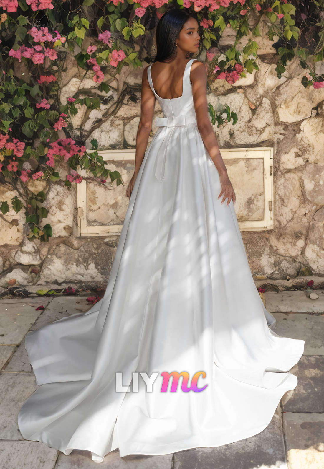 LW423 - Squre Sleeveless Simple A-Line Pleated Ruched Satin Wedding Dress