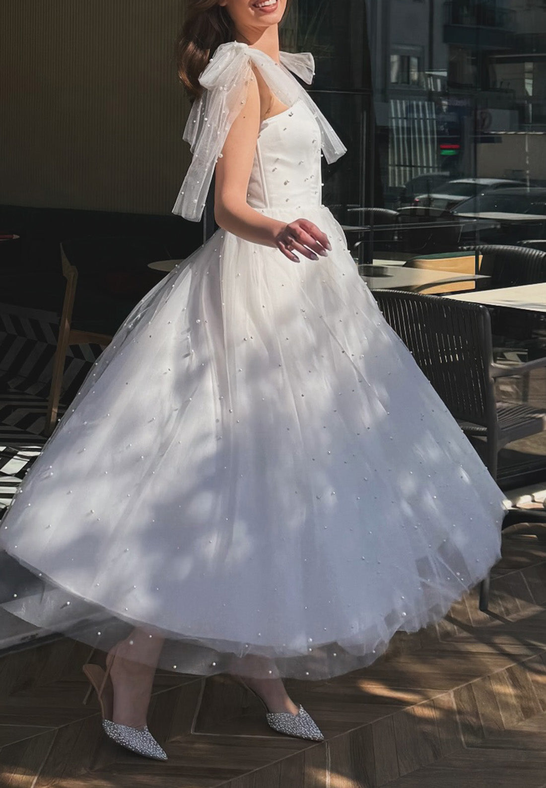 Square Tulle Pearl A-Line Midi Wedding Dress