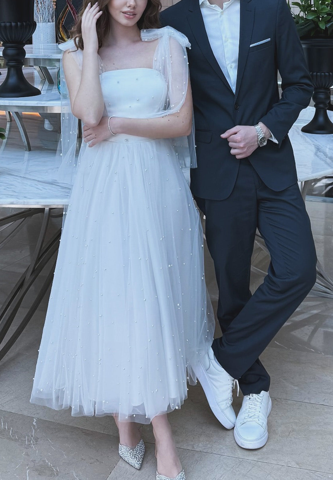 Square Tulle Pearl A-Line Midi Wedding Dress