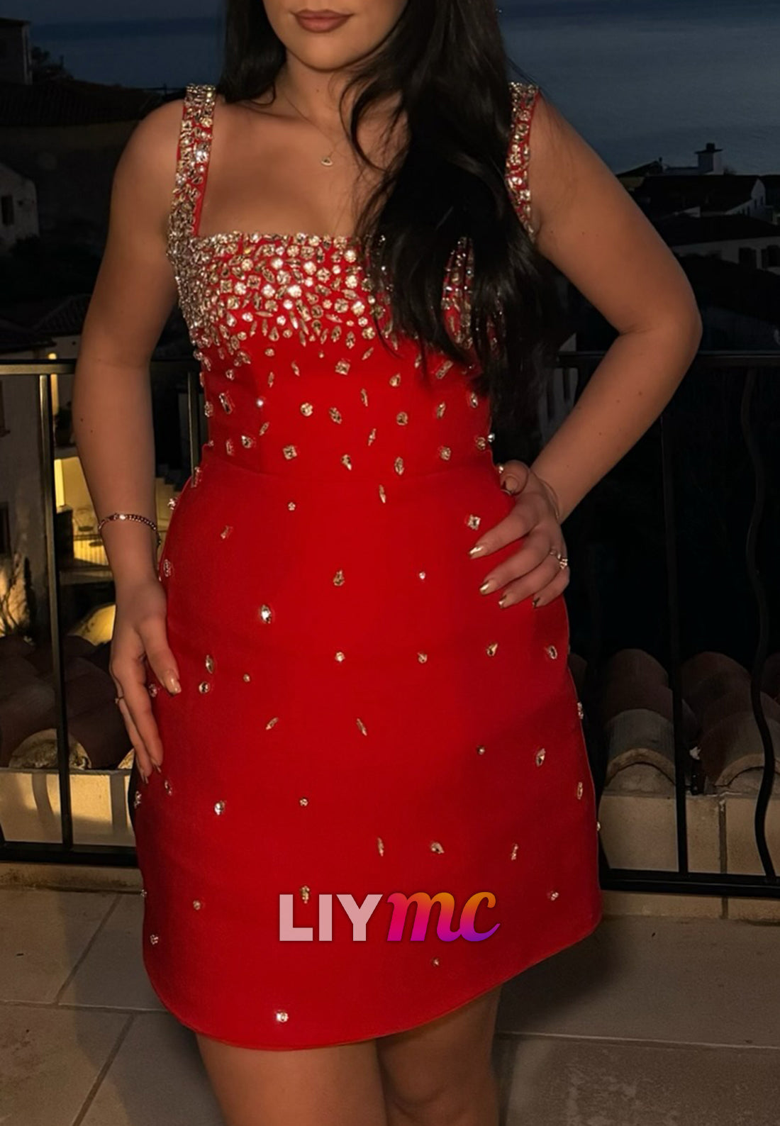 Square Straps Beaded A-Line Short Party Homecoming Dress