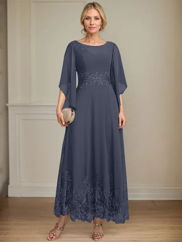 A-line Scoop Illusion Ankle-Length Lace Chiffon Mother of the Bride Dress With Sequins