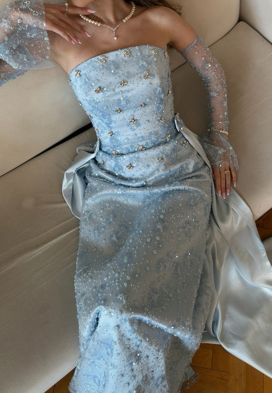 Straight Across Sleeveless Beaded Sheath Sparkly Prom Dress