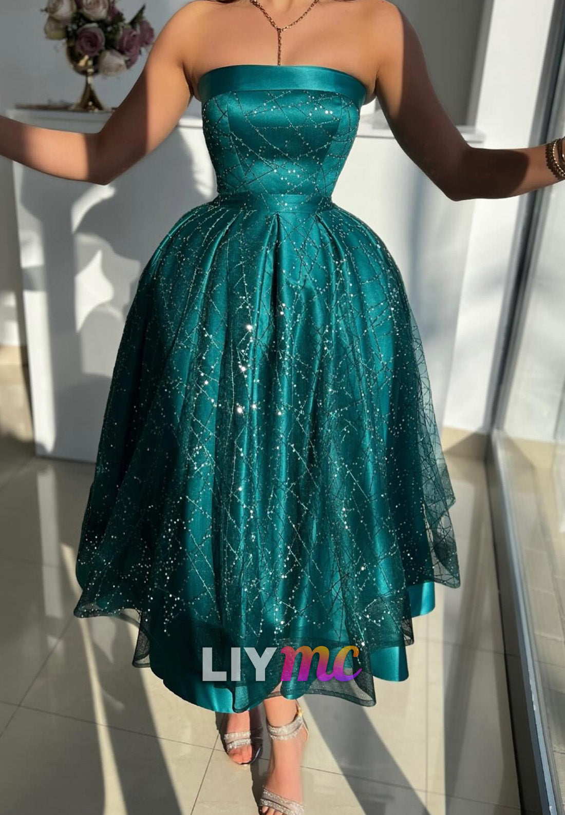 LP2280 - Straight Across A-Line Pleated Appliques Satin Prom Dress