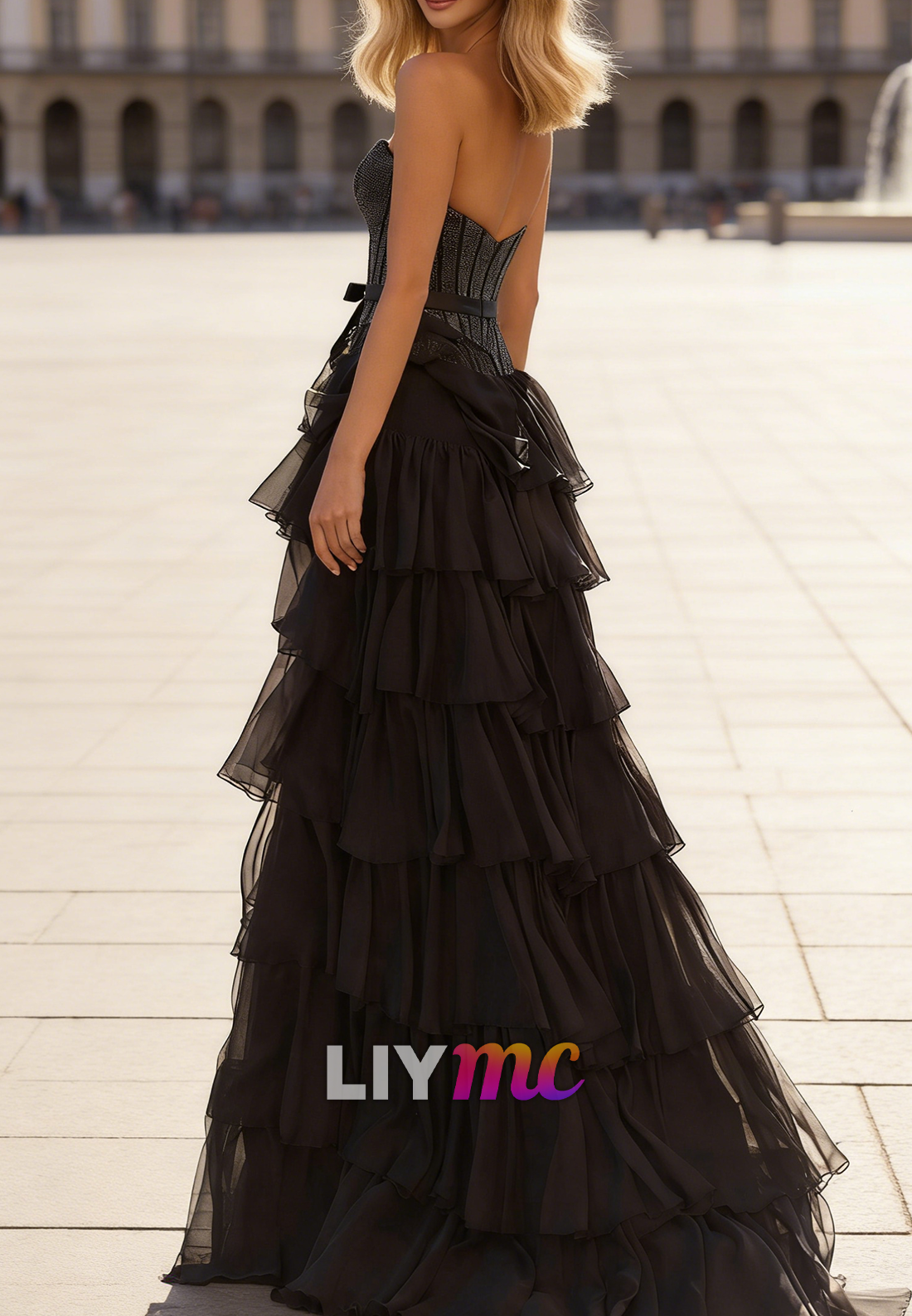 Straight Across Beaded Tiered Chiffon A-Line Prom Dress