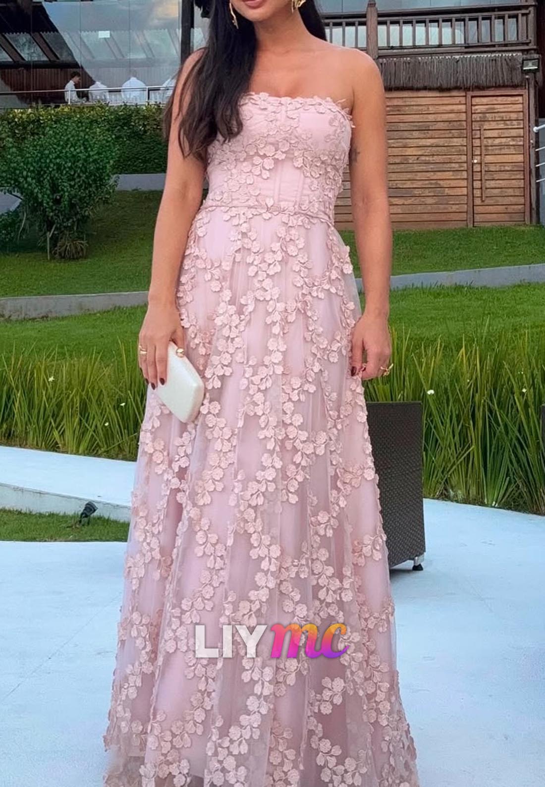 Straight Across Floral Appliques A-Line Prom Dress