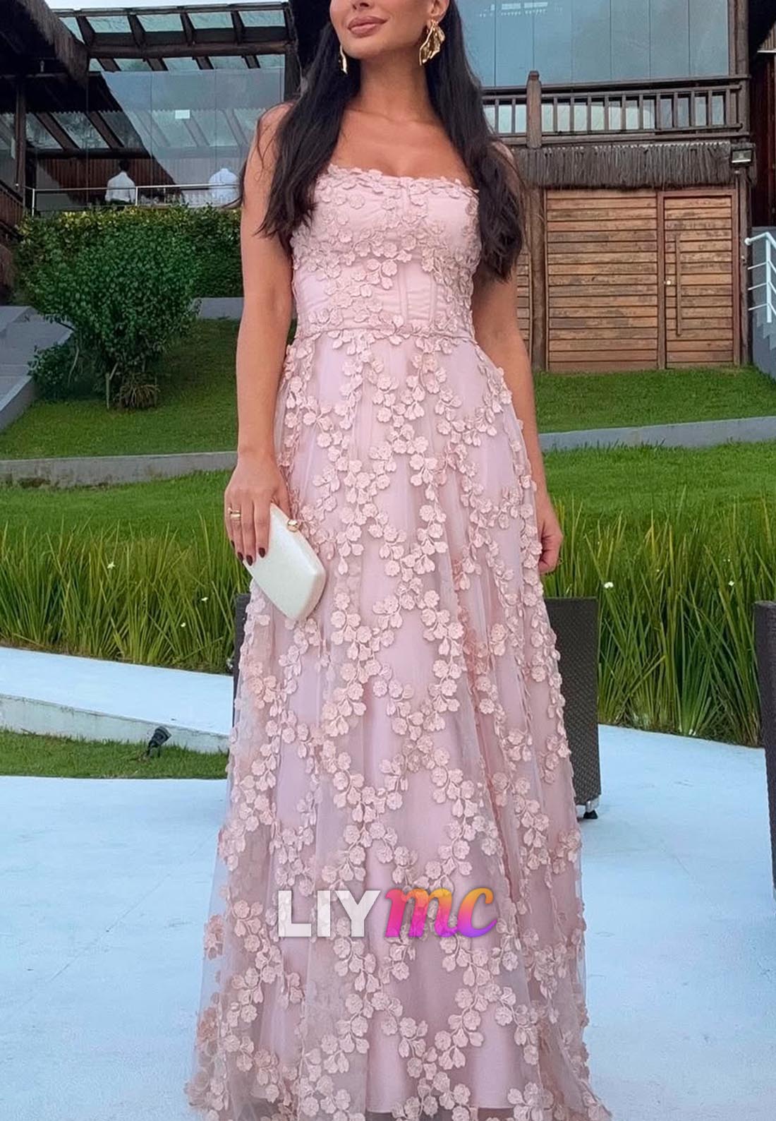 Straight Across Floral Appliques A-Line Prom Dress