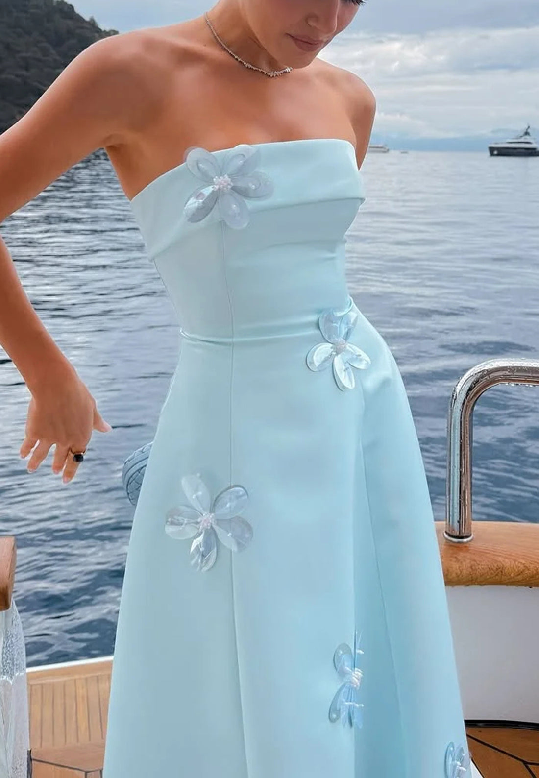 Straight Across Floral Appliques Blue A-Line Satin Formal Dress