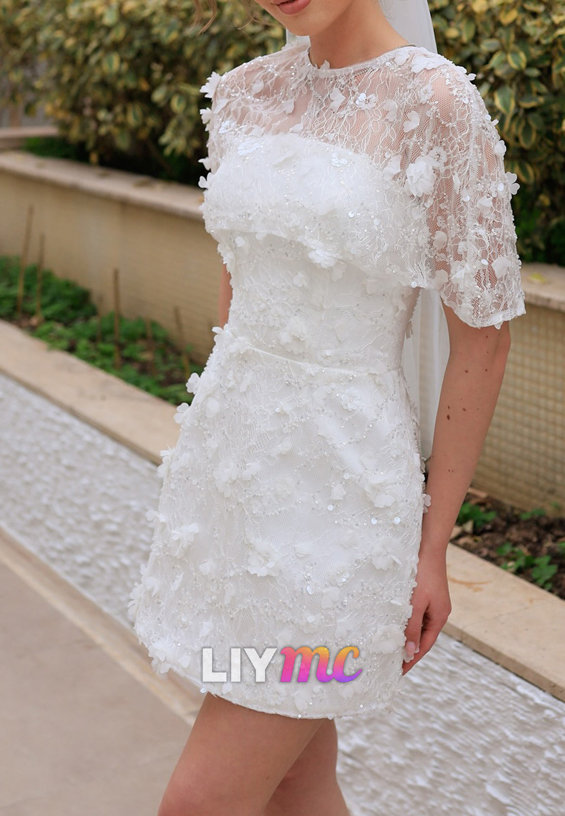 Straight Across Floral Appliques Short A-Line Wedding Dress