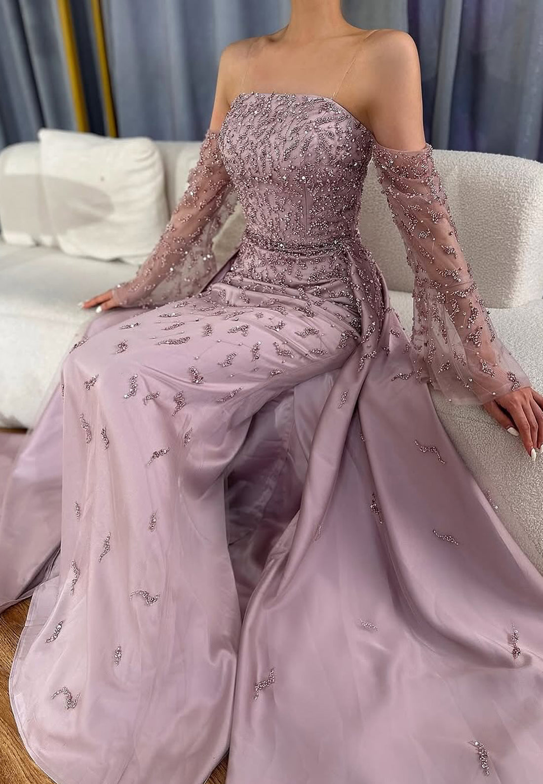 Straight Across Long Sleeves Beaded Mermaid Prom Dress