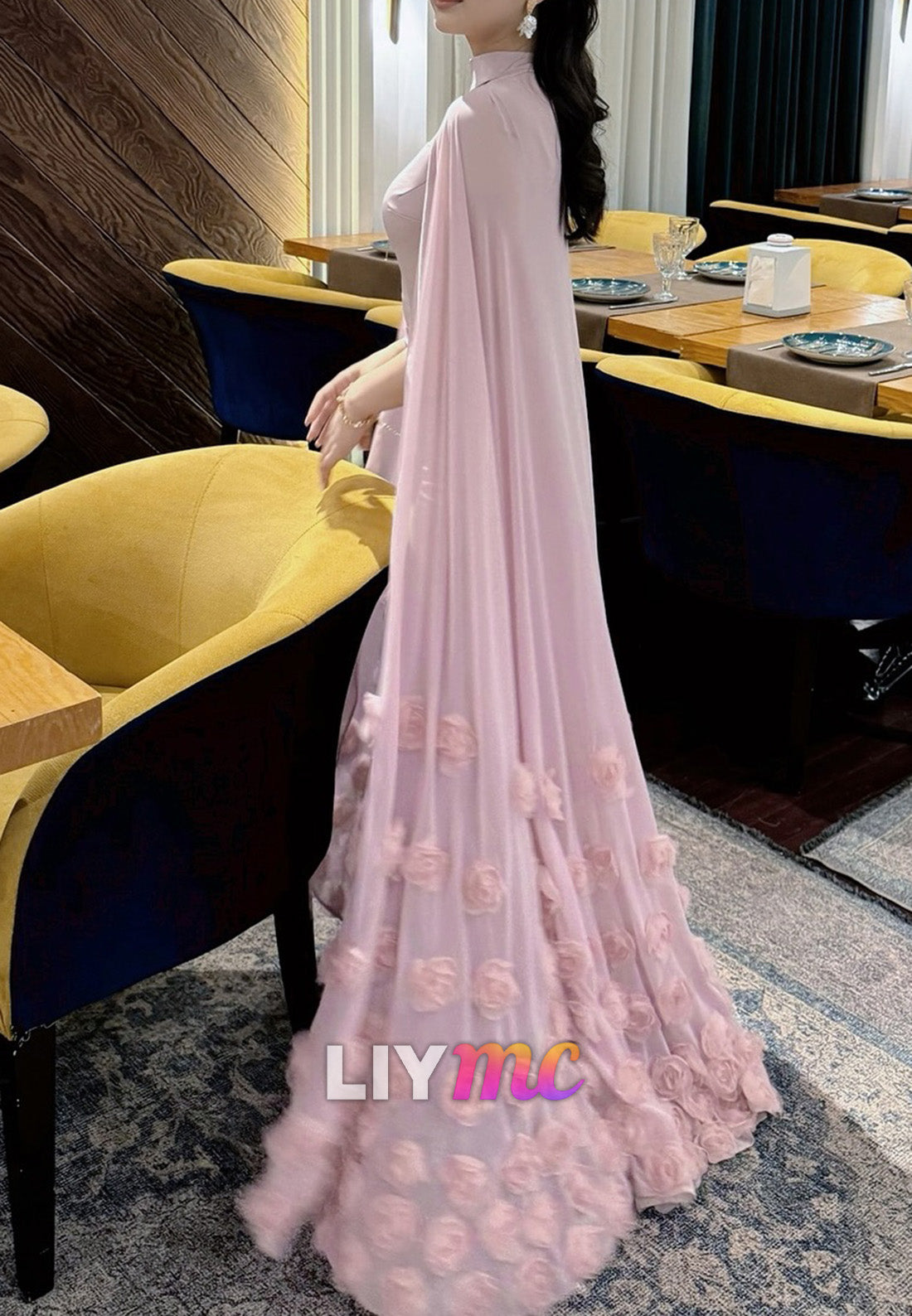 Straight Across Long Sleeves Sleek Sheath Floral Evening Dress