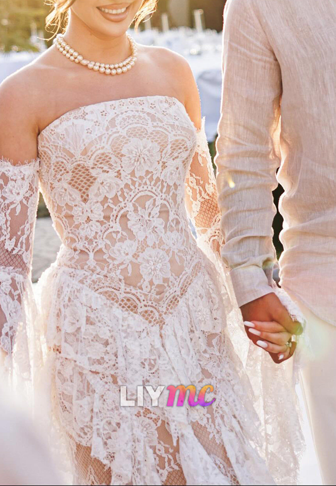 Straight Across Long Sleeves Tiered Appliques A-Line Wedding Dress