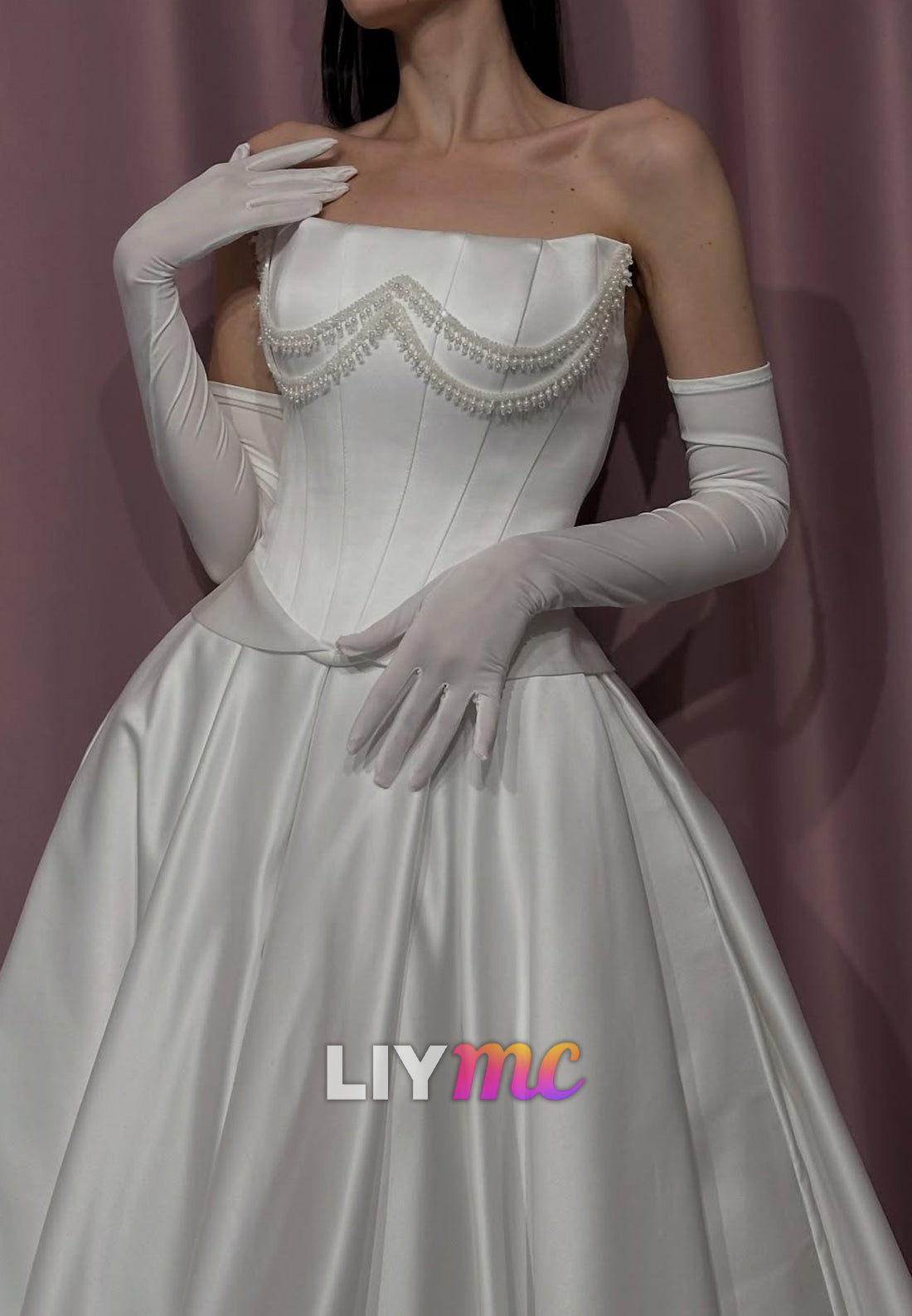 Straight Across Pearl Corset Satin A-Line Wedding Dress